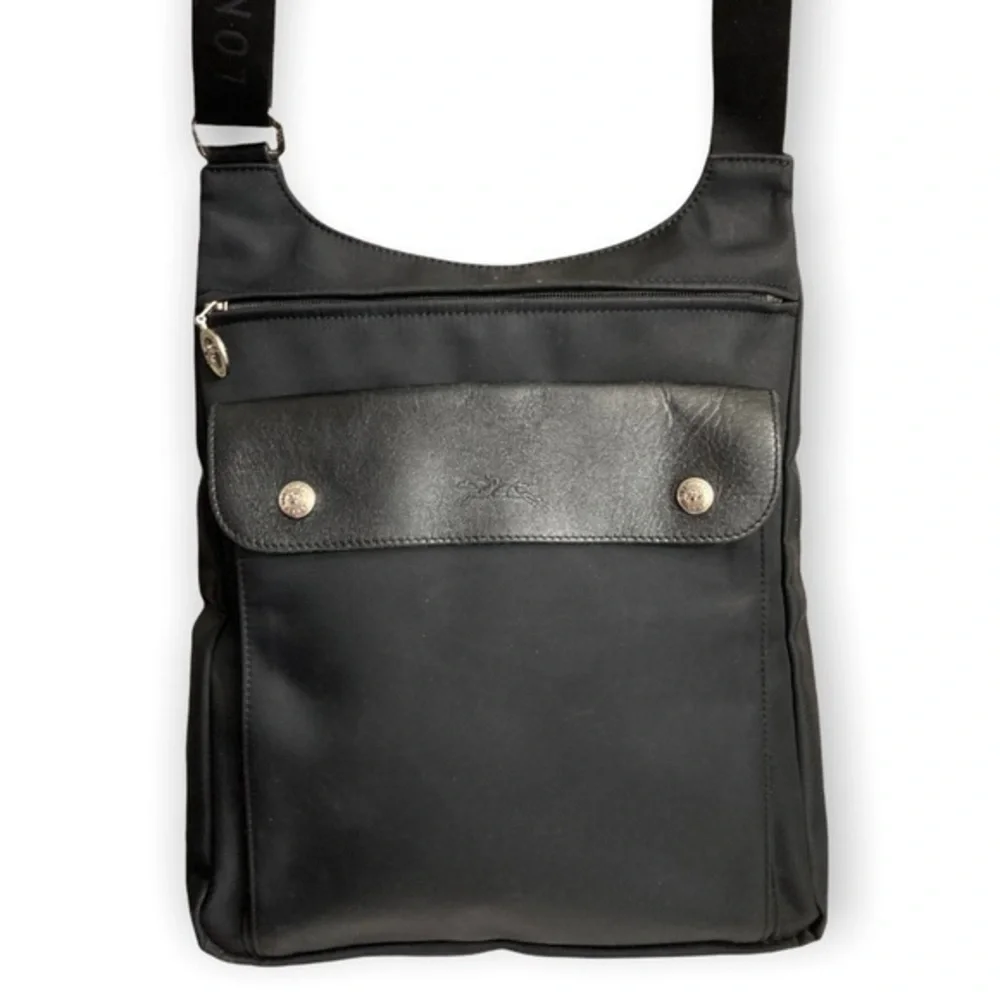 Longchamp unisex black nylon and leather side pack messenger bag